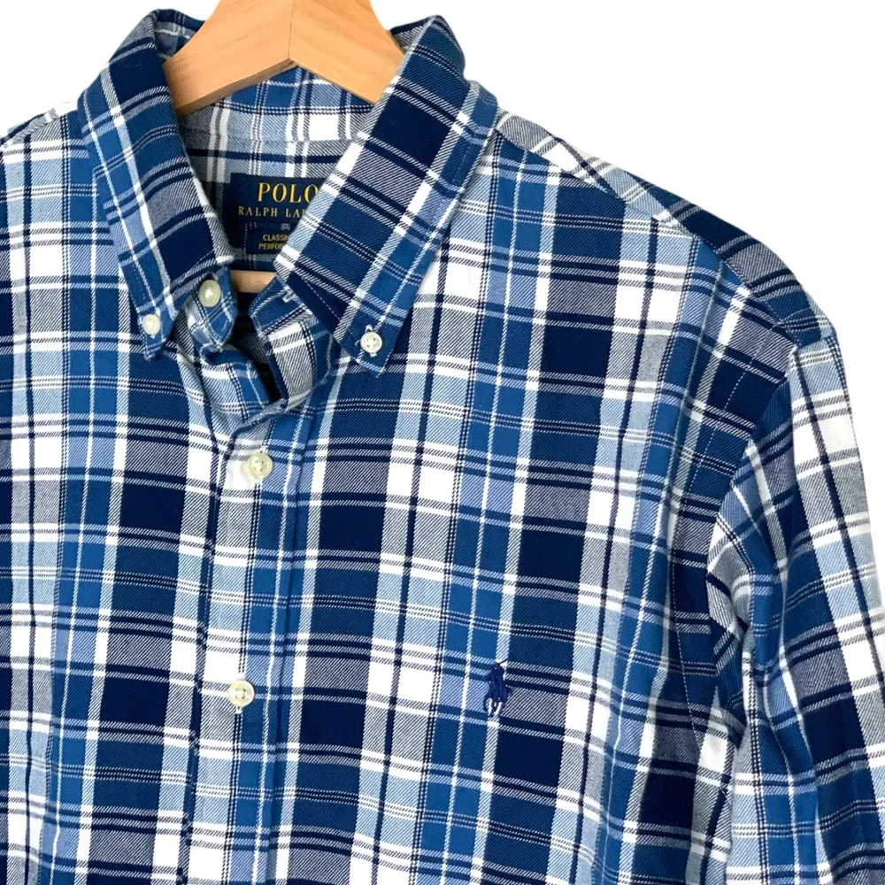 Polo Ralph Lauren Button Down Flannel Shirt Classic Fit Performance Blue Plaid - Picture 2 of 15